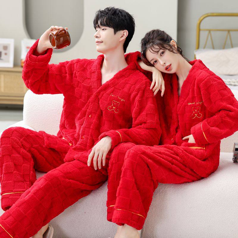 冬季珊瑚绒结婚情侣睡衣女本命年红色新婚男法兰绒加厚家居服套装,淘宝优惠券,粉丝福利购,淘宝优惠卷