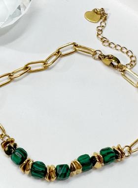 SUMMLY串珠手链女生高级感18K金不掉色复古绿色孔雀石手串