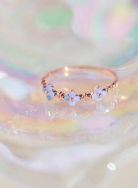 蓝色花朵戒指手饰 18K金保色锆石饰品 可爱少女指环现货