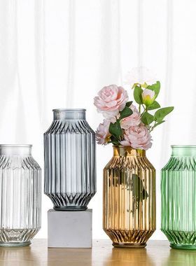 客厅摆件插花水培富贵竹满天星干花欧式竖棱折纸透明玻璃花瓶定制