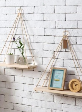 墙上装饰原木吊绳置物架花盆收纳架北欧实木吊绳摆件一字隔板定制
