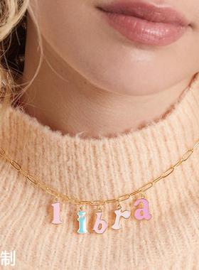 现货26个字母项链糖果色滴油吊坠不锈钢电镀真金14K珍珠串珠链条