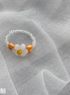 日韩复古彩色水晶串珠花朵戒指韩版ins风三色小清新可爱指环手饰