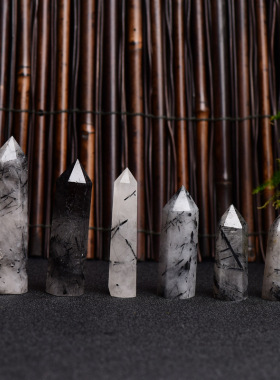 柱热销天然黑发晶柱 黑发晶六棱柱 发晶棱柱摆件定制