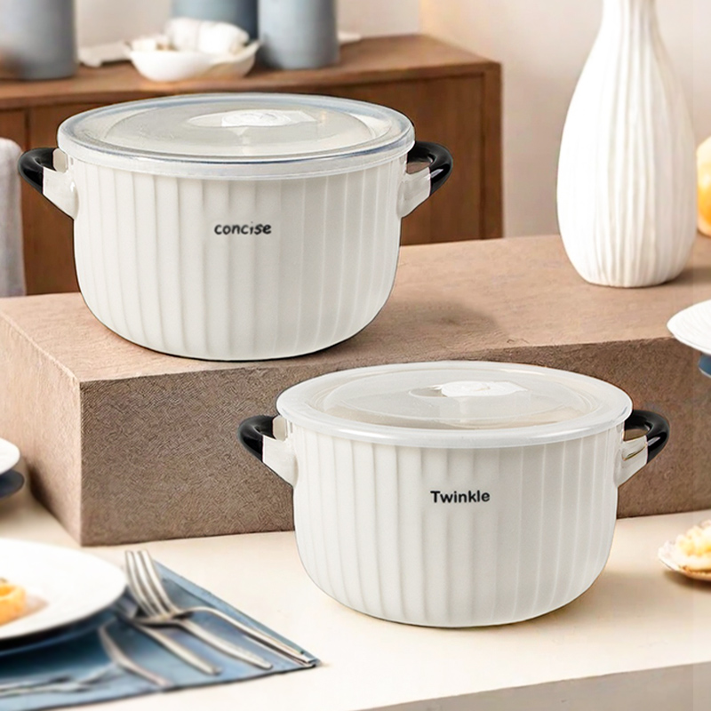 华青格陶瓷泡面碗带盖大容量学生宿舍高颜值面碗大号可微波炉加热