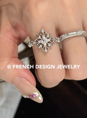 法式轻奢高级感指环 S925纯银 荆棘镶钻四叶花戒指复古优雅小众款