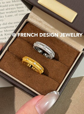 法式拉丝布契风手工拉丝指环S925纯银拉丝镶钻戒指轻奢优雅百搭款