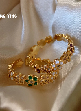 甜美满圈滴釉花朵戒指气质款精致高级感绿色叶子开口戒可调节指环