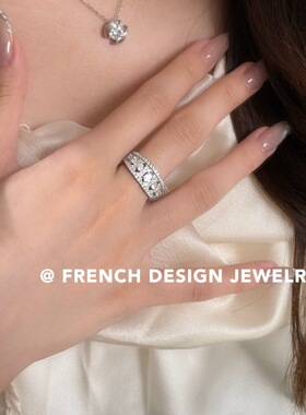 轻奢法式小众设计S925纯银布契风镶拉丝超闪镶钻戒指精致气质百搭