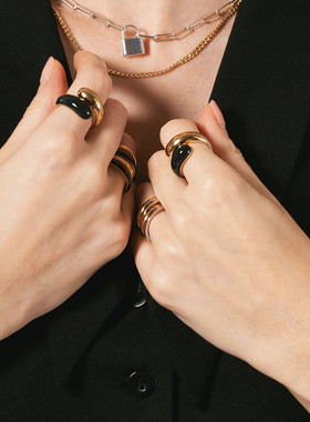 新款饰品双头黑金珐琅滴釉黄铜镀18K真金撞色指环女欧美小众戒指