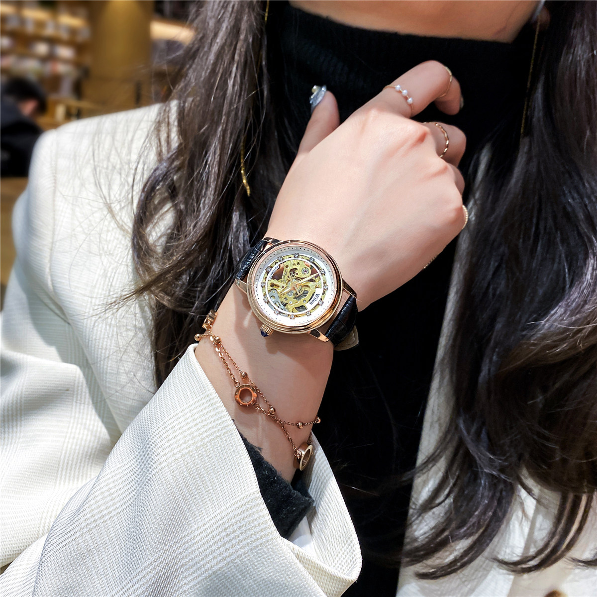 高级感全自动女镂空霸气正品机械表 迪洛希国产腕表