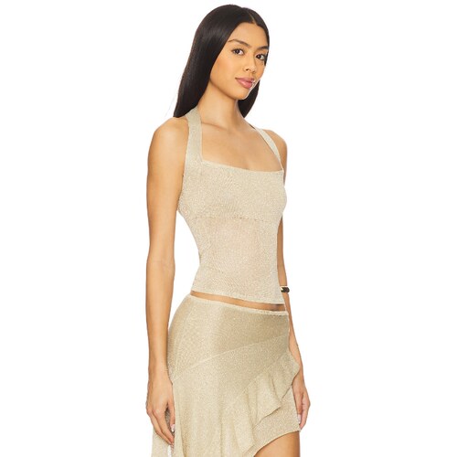 [早秋新品]LIONESS PALISADES 辣妹金色网纱挂脖背心吊带REVOLVE - 图1