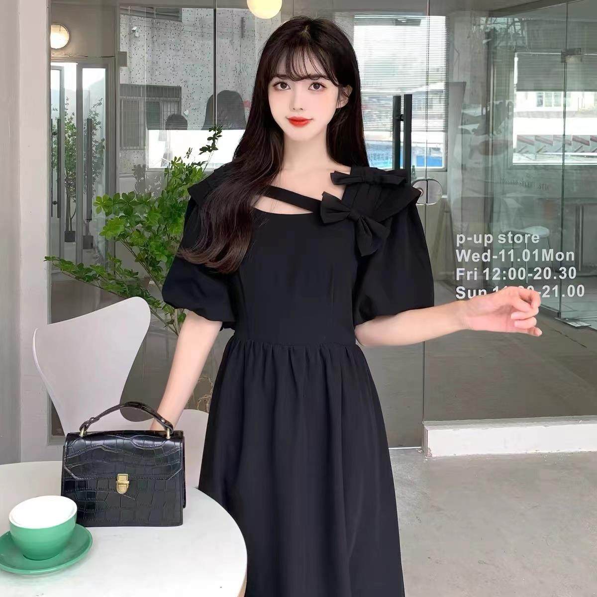 HZA法式赫风胖泡泡袖连衣裙夏女季大码妹妹收腰显瘦黑色减龄长本