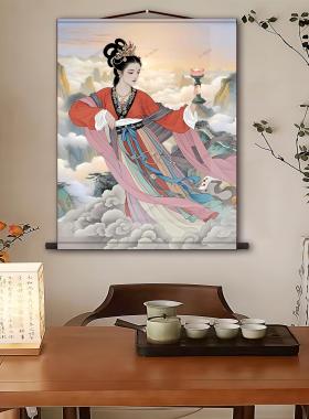 华山三圣母画像华岳三娘宝莲灯人物玄关挂画书房客厅装饰卷轴画