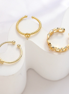 14K包金保色欧美珍珠开口戒指简约几何戒指托戒托diy饰品配件材料