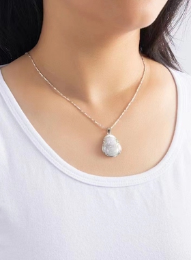 女款翡翠银镶玉佛配999纯银项链佛公带证书女友母亲节礼物银饰品