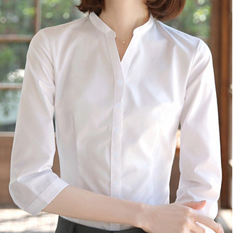 v领白衬衫女职业正装夏季七分袖通勤修身立领衬衣大码4S店工作服 - 图2