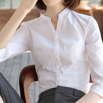 v领白衬衫女职业正装夏季七分袖通勤修身立领衬衣大码4S店工作服 - 图1