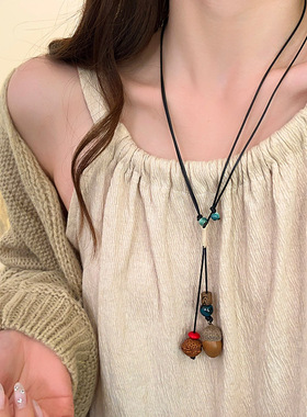 橡果植物果实编织项链女款