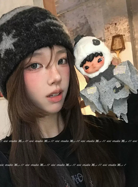 复古黑灰色针织星星帽子冷帽女新