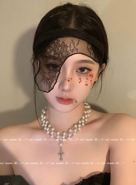 气质黑色蕾丝面纱发箍女新款