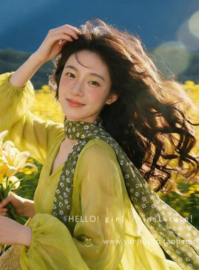 森系绿色碎花长条丝巾女新款高级