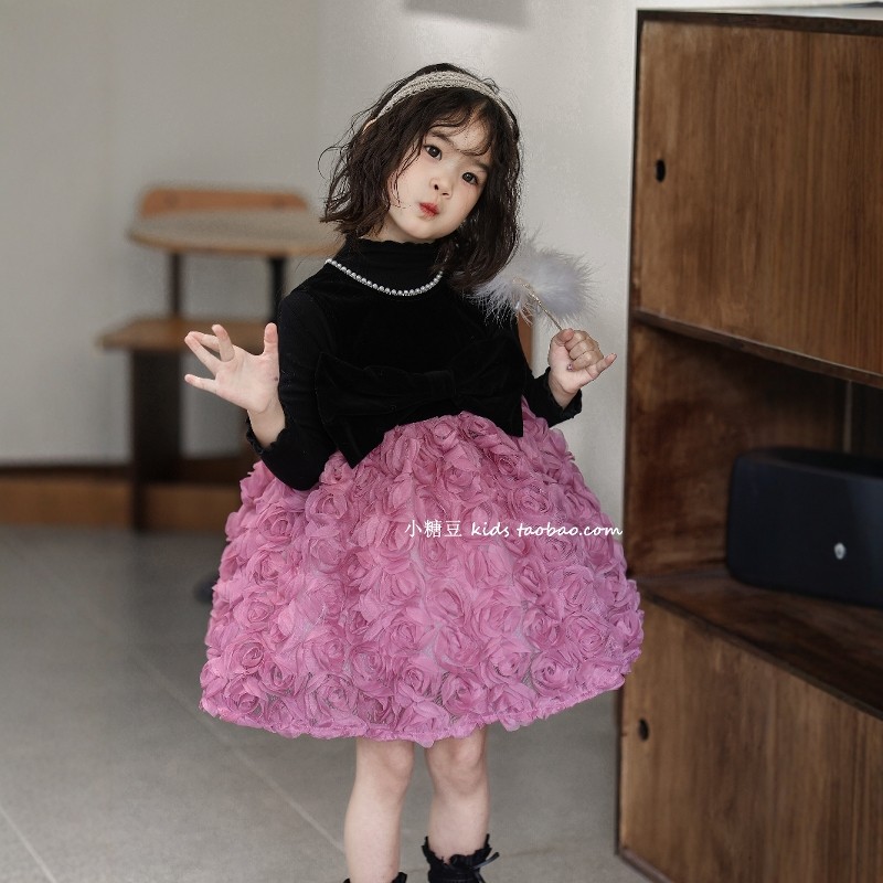 女童加绒玫瑰花网纱连衣裙2025秋冬新款女孩赫本背心裙生日公主裙,淘宝优惠券,粉丝福利购,淘宝优惠卷