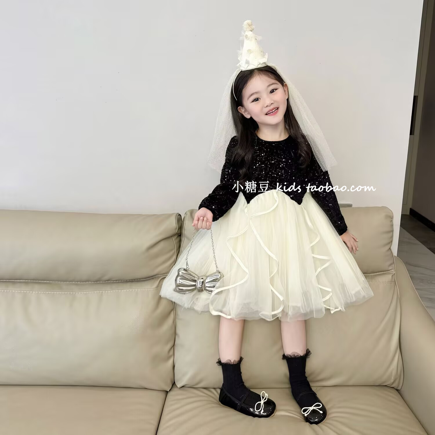 女童丝绒亮片网纱连衣裙2025秋冬新款女宝宝赫本风纱裙加绒公主裙,淘宝优惠券,粉丝福利购,淘宝优惠卷