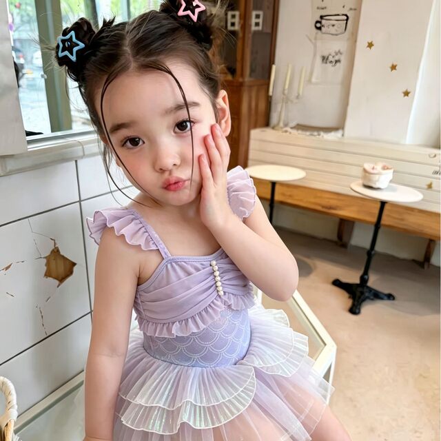 ເດັກນ້ອຍຍິງ mermaid suspender swimsuit ສີມ່ວງ rainbow ຕາຫນ່າງ cake ແບບ swimsuit summer ໃຫມ່ princess swimsuit ແນວໂນ້ມ