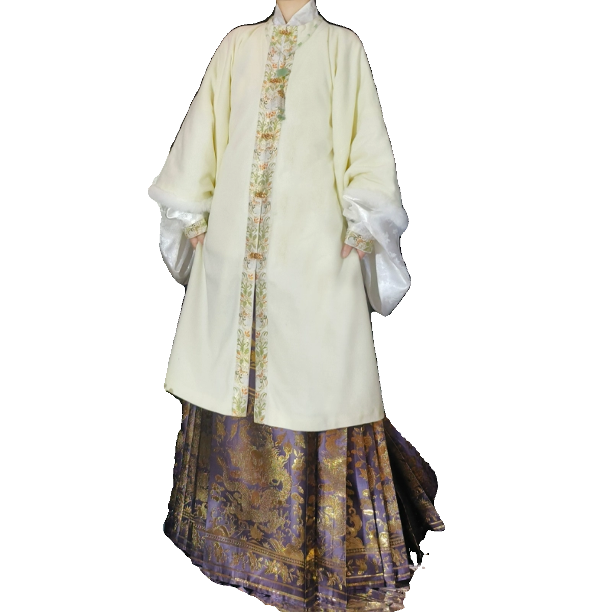 梦桑塔冬季毛呢披袄长外套汉服明制大码对襟保暖白色织金马面现货,淘宝优惠券,粉丝福利购,淘宝优惠卷