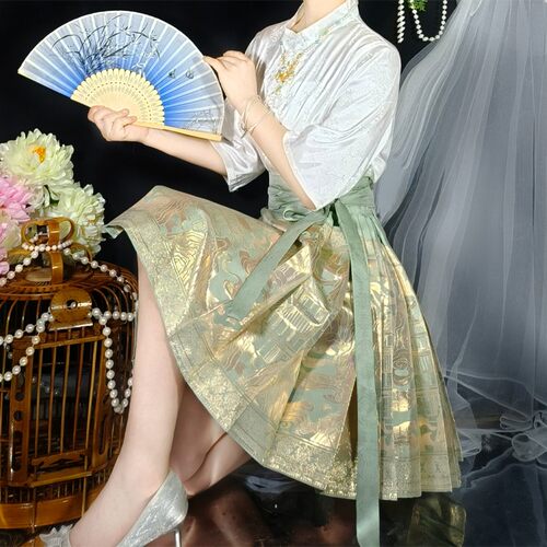 梦桑塔汉服马面裙超短裙大码半身裙新品绿色粉色日常通勤改良夏季 - 图2