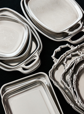 意大利MOTTA 进口不锈钢银色欧式巴洛克甜品餐盘咖啡杯椭圆形托盘