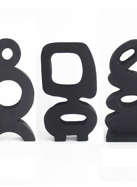 侘寂风实木雕刻黑色碳化不规则镂空几何摆件样板间玄关桌面装饰品