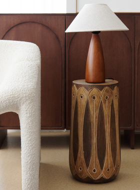 印度进口侘寂风复古实木墩子圆柱茶几摆件样板间民宿沙发边几底座