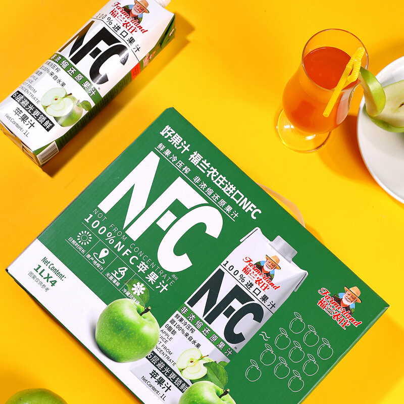 福兰农庄欧洲进口100%NFC苹果汁1L*4瓶纯果汁鲜果饮品饮料0脂