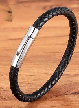 欧美热卖饰品钛钢编织皮手镯不锈钢个性简约大气皮手链