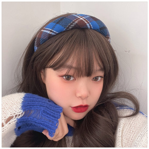 克莱因蓝色发箍~PU皮质格子纯色颅顶头箍ins时髦增高海绵压发女 - 图1