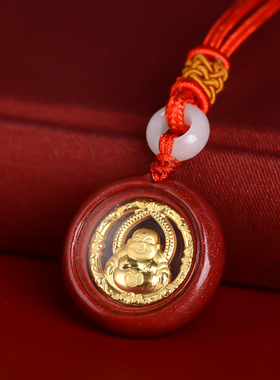正品原矿朱砂足金镶嵌观音菩萨吊坠男女项链弥勒佛本命年金佛挂件