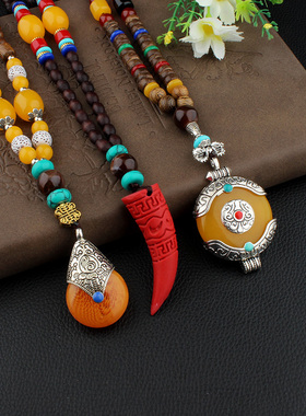 百搭民族风毛衣链男女长款木质