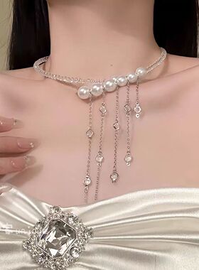 【粉黛佳人】法式气质蝴蝶结珍珠项链长款叠戴锁骨链女