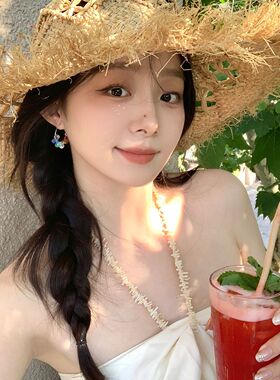 彩色多巴胺串珠圈圈耳环女夏海边度假风耳饰独特大耳圈耳钉