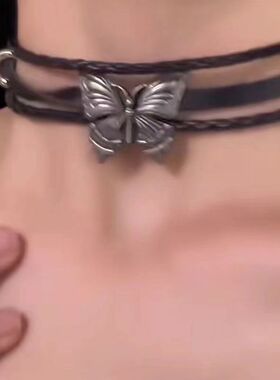暗黑涩谷蝴蝶皮革双层朋克摇滚choker项圈复古辣妹y2k亚文化项链