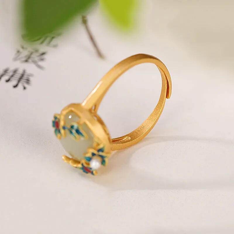Cloisonné and Tian Jade Retro Palace Style Pearl Ring