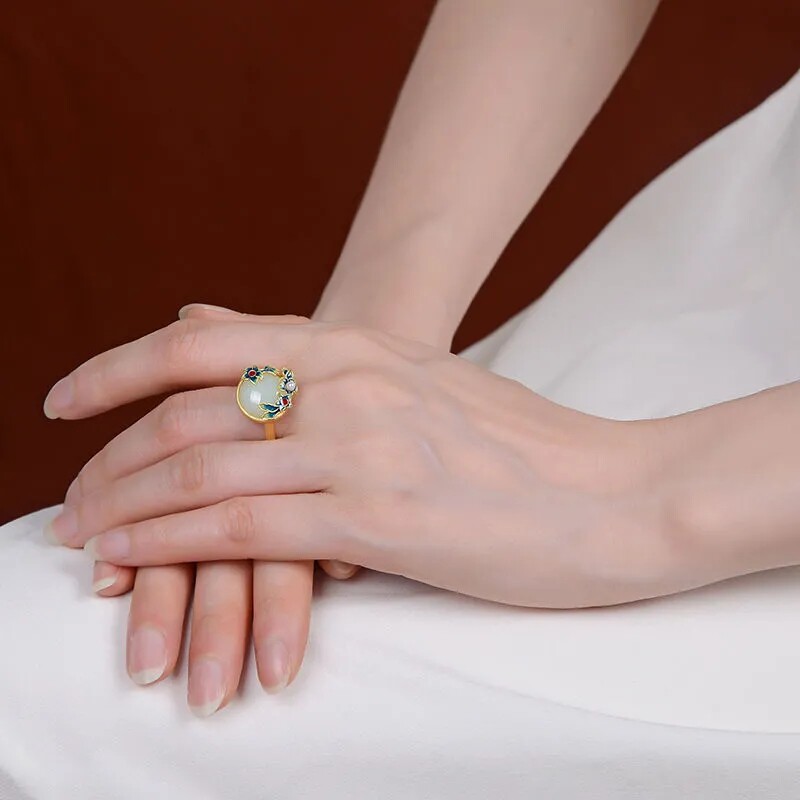 Cloisonné and Tian Jade Retro Palace Style Pearl Ring