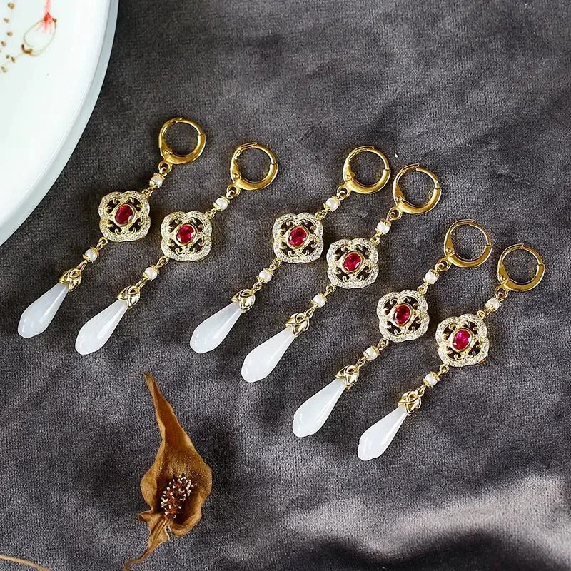 Earrings white jade, orchid, 925 sample silver, with gem