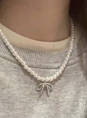 3件套项链珍珠蝴蝶结女钛钢
