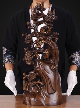 速发木雕喜上眉梢工艺品两件 家庭客厅酒柜电视式摆边新中柜装饰