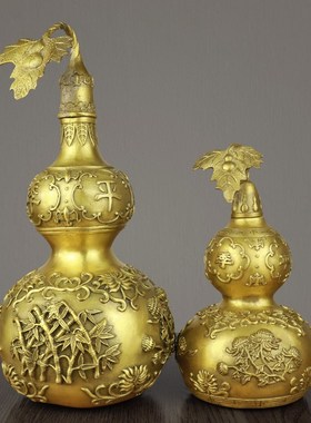 速发铜葫芦摆开纯黄铜五件门对门玄关家居钱口开盖空心工艺品