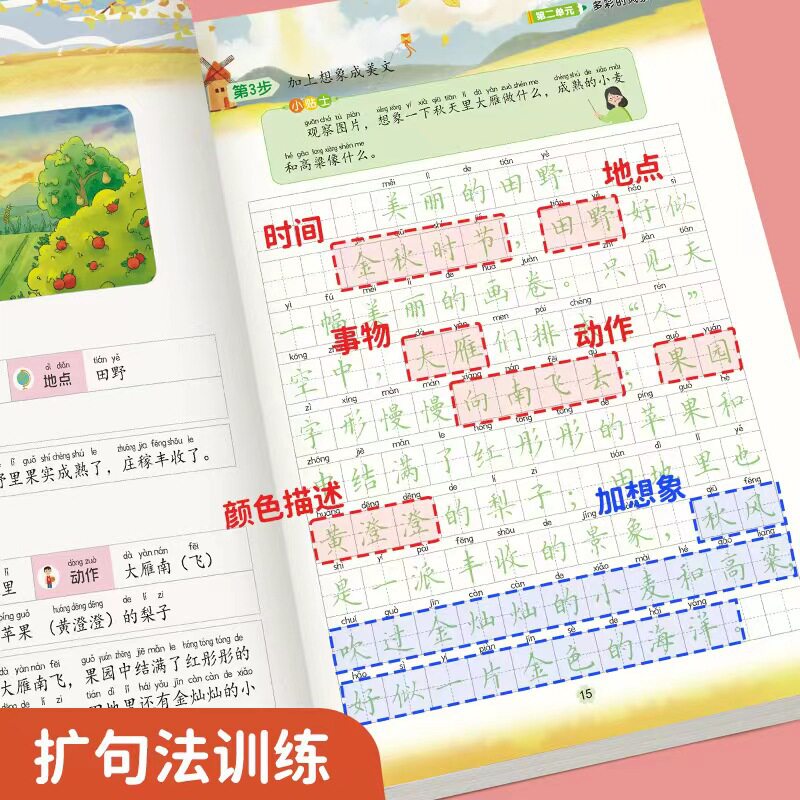 一句话扩充法小学生一二年级跟着课本学看图写话同步人教版语文