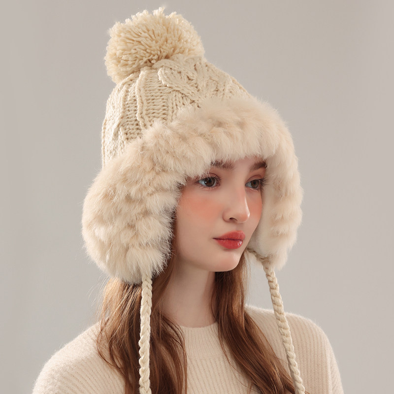 ZNHN兔毛护耳女毛线帽冬季加绒加厚保暖帽毛绒针织雷锋帽子礼盒装